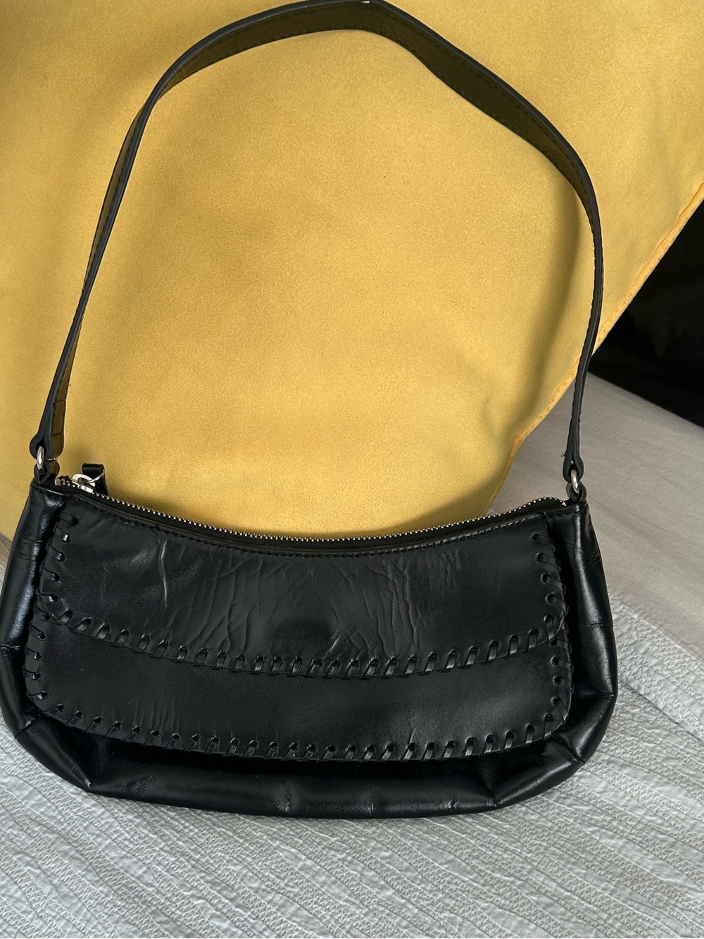Banana Republic Black Leather Shoulder Bag with Whipstitch Trim